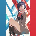  artist_name black_legwear blue_hair brown_footwear character_name darling_in_the_franxx double-breasted eyebrows_visible_through_hair green_eyes hair_ornament hairband hairclip hand_up ichigo_(darling_in_the_franxx) military military_uniform short_hair sitting uniform white_hairband yume_ou zoom_layer 
