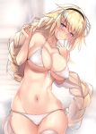  1girl bangs bikini blonde_hair blush braid breasts casual cleavage collarbone commentary_request day eyebrows_visible_through_hair fate/grand_order fate_(series) hair_between_eyes hairband hands_up head_tilt highres jeanne_d&#039;arc_(fate) jeanne_d&#039;arc_(fate)_(all) large_breasts long_hair looking_at_viewer navel side-tie_bikini single_braid skindentation smile solo stomach swimsuit thighhighs untsue very_long_hair white_bikini white_legwear wind 