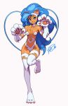  &lt;3 animal_humanoid blue_eyes blue_hair breasts capcom cat_humanoid claws darkstalkers fangs felicia_(darkstalkers) feline female fur hair humanoid mammal navel raised_leg robaato signature simple_background smile solo standing video_games white_fur 