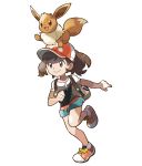  absurdres animal animal_ears animal_on_head ayumi_(pokemon) backpack bag black_shirt blue_shorts brown_eyes brown_hair clenched_hand eevee fox_tail full_body gen_1_pokemon hand_up hat highres leg_up mizutani_megumi official_art on_head open_mouth outstretched_arm paws poke_ball_theme pokemon pokemon_(creature) pokemon_(game) pokemon_lgpe pokemon_on_head ponytail red_footwear red_hat running shirt shoes short_shorts short_sleeves shorts smile tail tied_hair transparent_background 