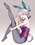  ahoge animal_ears asashimo_(kantai_collection) breasts bunny_ears bunny_tail bunnysuit full_body gradient gradient_background grey_background grey_eyes grey_legwear hair_over_one_eye highres igarasy kantai_collection leg_up leotard long_hair open_mouth pantyhose plantar_flexion ponytail purple_leotard sharp_teeth silver_hair small_breasts solo strapless strapless_leotard tail teeth water_gun white_background 