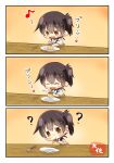  3koma ? absurdres blush brown brown_eyes closed_eyes comic commentary_request food heart highres japanese_clothes kaga_(kantai_collection) kantai_collection long_hair musical_note plate pudding side_ponytail simple_background smile spoon taisa_(kari) tasuki translated 