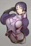  bangs black_gloves bodysuit breasts commentary_request fate/grand_order fate_(series) fingerless_gloves gloves large_breasts long_hair minamoto_no_raikou_(fate/grand_order) mirukia parted_bangs purple_bodysuit purple_eyes purple_hair ribbed_sleeves rope solo tabard very_long_hair 