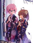  2girls ahoge aqua_eyes beize_(garbage) blue_kimono brown_eyes brown_hair chiyoda_momo eyebrows_visible_through_hair fang furisode hair_ornament hair_over_one_eye horns japanese_clothes kimono looking_at_another machikado_mazoku multiple_girls new_year pink_hair ponytail x_hair_ornament yoshida_yuuko_(machikado_mazoku) 