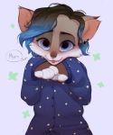  2018 ambiguous_gender anthro big_eyes black_eyebrows blue_clothing blue_eyes blue_hair brown_fur brown_hair cat clothed clothing cute daww digital_media_(artwork) ear_piercing eyebrows feline fingerless_(marking) front_view fur gradient_hair hair half-length_portrait hi_res looking_at_viewer mammal multicolored_fur multicolored_hair pajamas piercing pink_nose pink_tongue poisewritik portrait simple_background solo standing tongue tongue_out two_tone_fur two_tone_hair whiskers white_fur 