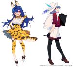  ;d animal_ears backpack bag bare_shoulders bili_girl_22 bili_girl_33 bilibili_douga black_legwear blue_hair blush bow bowtie brown_bow brown_footwear cosplay drawing_tablet elbow_gloves extra_ears fang gloves hand_on_hip hat_feather head_tilt helmet high-waist_skirt holding holding_stylus index_finger_raised kaban_(kemono_friends) kaban_(kemono_friends)_(cosplay) kemono_friends loafers long_hair looking_at_viewer multiple_girls one_eye_closed open_mouth pantyhose pith_helmet print_gloves print_legwear print_neckwear print_skirt profile prophet_chu red_eyes red_shirt serval_(kemono_friends) serval_(kemono_friends)_(cosplay) serval_ears serval_print serval_tail shirt shoes short_shorts short_sleeves shorts simple_background skirt sleeveless sleeveless_shirt smile standing striped_tail stylus tablet tail thighhighs very_long_hair white_background white_footwear white_shirt white_shorts 