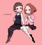  black_legwear braid brown_eyes brown_hair do_m_kaeru drink floral_print looking_at_viewer multiple_girls niijima_makoto okumura_haru pantyhose persona persona_5 pink_sweater print_legwear red_eyes ribbed_sweater short_hair skirt smile sparkle sparkling_eyes sweater twitter_username white_legwear 