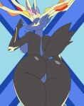  2018 absurd_res anthro antlers anus baron_montesque big_breasts big_butt blue_eyes blue_fur breasts butt cel_shading cervine digital_media_(artwork) female fur hi_res horn huge_butt legendary_pok&eacute;mon looking_at_viewer looking_back mammal nintendo nude pok&eacute;mon pok&eacute;mon_(species) pussy rear_view simple_background solo standing thick_thighs video_games wide_hips xerneas 