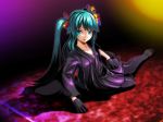  bad_id bad_pixiv_id black_footwear black_gloves black_kimono black_legwear blue_eyes blue_hair collarbone full_body gloves hair_between_eyes hair_ornament hatsune_miku highres japanese_clothes kimono long_hair lying open_mouth pantyhose project_diva_(series) short_kimono solo tsukishiro_saika twintails very_long_hair vocaloid yubikiri_(vocaloid) 