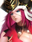  blue_eyes breasts cleavage commentary_request face facial_scar fate/grand_order fate_(series) francis_drake_(fate) hat large_breasts long_hair minami_koyogi pink_hair pirate pirate_hat red_shirt ribbon scar shirt sleeveless sleeveless_shirt solo white_ribbon 