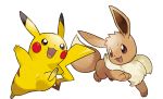  black_eyes brown_eyes eevee full_body gen_1_pokemon jumping looking_at_viewer no_humans official_art open_mouth paws pikachu pokemon pokemon_(creature) pokemon_(game) pokemon_lgpe smile transparent_background 