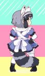  adapted_costume alternate_costume animal_ears apron back_bow black_hair bow commentary_request common_raccoon_(kemono_friends) dress elbow_gloves enmaided eyebrows_visible_through_hair fur_collar gloves grey_hair kemono_friends maid maid_apron maid_headdress multicolored_hair pantyhose puffy_sleeves raccoon_ears raccoon_tail shima_noji_(dash_plus) short_hair solo tail 