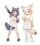  adapted_costume animal_ears black_hair blonde_hair bracelet clenched_hand commentary common_raccoon_(kemono_friends) eyebrows_visible_through_hair fang fennec_(kemono_friends) fox_ears fox_tail grey_hair hand_on_hip hand_up japari_symbol jewelry kemono_friends long_sleeves multicolored_hair multiple_girls open_mouth pleated_skirt raccoon_ears raccoon_tail shirt short_hair short_sleeves skirt smile socks t-shirt tail tessaku_ro 