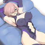  1girl 6q_(rokuku) :d arm_behind_head armpits blush bodypaint breasts cleft_of_venus erect_nipples false_clothes fate/grand_order fate_(series) glasses hair_over_one_eye highres large_breasts looking_at_viewer lying mash_kyrielight navel nipples nude on_back open_mouth painted_clothes purple_eyes purple_hair pussy smile solo steam sweat sweatdrop tagme teeth uncensored 