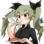  :t anchovy anzio_military_uniform artist_name bangs barashiya black_ribbon black_shirt closed_mouth dress_shirt drill_hair eating eyebrows_visible_through_hair food fork girls_und_panzer green_hair hair_ribbon holding holding_fork long_hair no_neckwear open_collar pasta plate red_eyes ribbon shirt signature simple_background solo spaghetti standing twin_drills twintails twitter_username upper_body white_background 