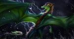  brown_hair claws curved_horn detailed_background digital_media_(artwork) dragon feral flying green_scales hair horn isvoc membranous_wings open_mouth raining scales scalie solo teeth thunder western_dragon wings 