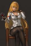  absurdres alcohol azur_lane black_bra black_gloves black_legwear blonde_hair blue_eyes bra breasts choker cleavage commentary_request cross crossed_legs cup cupping_glass drinking_glass fa_lan_jun gloves hairband half_gloves head_tilt highres holding holding_cup large_breasts long_hair looking_at_viewer north_carolina_(azur_lane) pantyhose sitting solo underwear wine wine_glass 