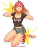  annie_mei annie_mei_project breasts caleb_thomas character_name cleavage clothes_writing converse denim denim_shorts full_body green_eyes jewelry kneeling lips medium_breasts necklace pink_hair shirt shoes short_shorts shorts sneakers solo t-shirt 
