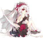  alcohol anchor armband azur_lane backless_dress backless_outfit bare_back bare_legs bare_shoulders bat_wings breasts bridal_veil chain cup dress drinking_glass floral_print flower frilled_skirt frills gloves high_heels highres light_smile long_hair looking_at_viewer red_eyes rose rose_print shenhai_(2556146833) skirt small_breasts torpedo_launcher twintails vampire_(azur_lane) veil white_hair wine wine_glass wings 