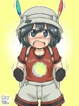  black_hair blush commentary_request cowboy_shot eyebrows_visible_through_hair feathers flying_sweatdrops gaketsu gloves hat helmet kaban_(kemono_friends) kemono_friends nose_blush open_mouth pantyhose pith_helmet price_tag sandstar shirt short_hair shorts solo sweatdrop t-shirt 