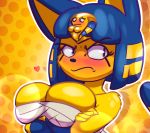  &lt;3 2018 angry animal_crossing ankha anthro big_breasts black_eyes blush breast_squish breasts cat clothed clothing cloud crossed_arms egyptian feline female fur hair hi_res huge_breasts lens_flare mammal nintendo outside portrait short_hair short_stack simple_background solo striped_tail stripes teckworks video_games wraps yellow_fur 
