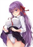  :d bangs bb_(fate)_(all) bb_(fate/extra_ccc) black_skirt blush bow breasts collared_shirt commentary_request eyebrows_visible_through_hair fate/extra fate/extra_ccc fate_(series) groin hair_between_eyes hair_bow high-waist_skirt highleg highleg_leotard large_breasts leotard leotard_under_clothes lifted_by_self long_hair long_sleeves looking_at_viewer marisasu_(marisa0904) neck_ribbon open_mouth purple_eyes purple_hair red_bow red_ribbon ribbon shirt simple_background skirt skirt_lift smile solo very_long_hair white_background white_leotard white_shirt 