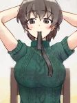  bangs breasts brown_eyes brown_hair casual chair closed_mouth eyebrows_visible_through_hair girls_und_panzer green_sweater hair_ribbon hair_tie_in_mouth highres jewelry koyama_yuzu large_breasts looking_at_viewer mouth_hold necklace ribbed_sweater ribbon short_hair short_sleeves sitting solo sweater traditional_media tsunosame turtleneck upper_body 