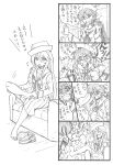  3girls 4koma angry barefoot bbb_(friskuser) clenched_teeth comic commentary_request curly_hair ducking feathers flint_(girls_und_panzer) flying_sweatdrops girls_und_panzer greyscale hair_between_eyes hat hat_feather highres holding_foot loafers long_hair long_sleeves monochrome multiple_girls neckerchief ogin_(girls_und_panzer) ooarai_naval_school_uniform open_mouth pipe pipe_in_mouth pleated_skirt rum_(girls_und_panzer) sailor_hat school_uniform serafuku shaded_face shoes shoes_removed shouting sitting skirt smell speech_bubble spoken_exclamation_mark sweatdrop teeth translation_request 