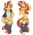  2018 absurd_res big-mac-115 black_clothing black_legwear black_socks black_topwear blonde_hair blush clothed clothing cutie_mark dakimakura_design digital_media_(artwork) equestria_girls equine eyelashes female fur green_eyes hair hair_over_eye hi_res hooves horn jacket legwear long_hair long_tail looking_at_viewer lying mammal multicolored_tail my_little_pony on_back on_front open_jacket panties pink_tongue red_hair red_tail shirt smile smirk socks solo sunset_shimmer_(eg) tongue tongue_out two_tone_tail underwear unicorn unicorn_horn white_clothing white_shirt white_topwear yellow_fur yellow_hooves yellow_horn yellow_tail 