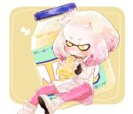  1girl black_gloves blush boots commentary_request crown directional_arrow domino_mask dress eating fingerless_gloves gloves hime_(splatoon) holding jar long_sleeves mask mayonnaise mole mole_under_mouth pantyhose pink_legwear sitting solo splatoon_(series) splatoon_2 squirt_bottle tentacle_hair thick_eyebrows uni_(u2katsu14) white_dress white_footwear yellow_background yellow_eyes 