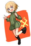  :d bangs barashiya black_footwear blonde_hair blue_eyes boots clenched_hand emblem eyebrows_visible_through_hair fang girls_und_panzer green_jumpsuit highres katyusha leg_up long_sleeves looking_at_viewer open_mouth outside_border pravda_(emblem) pravda_military_uniform red_background russia short_hair short_jumpsuit sketch smile solo standing standing_on_one_leg v-shaped_eyebrows 