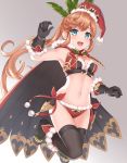  :d black_gloves black_legwear bra breasts brown_hair cape capelet christmas clarisse_(granblue_fantasy) cleavage full_body fur-trimmed_boots fur-trimmed_gloves fur_trim gloves granblue_fantasy green_eyes grey_background hat highres holly hooded_cape jumping kurisu-kun long_hair medium_breasts mistletoe navel open_mouth panties ponytail red_bra red_cape red_footwear red_hat red_panties santa_hat smile solo thighhighs underwear underwear_only very_long_hair 