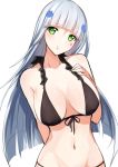  absurdres alternate_costume arm_behind_back bangs bikini black_bikini blunt_bangs blush breasts collarbone commentary eyebrows_visible_through_hair facepaint front-tie_bikini front-tie_top girls_frontline green_eyes hair_ornament hand_on_own_chest head_tilt highres hk416_(girls_frontline) long_hair looking_at_viewer medium_breasts navel parted_lips sidelocks silver_hair simple_background solo stomach swimsuit teardrop very_long_hair white_background wo_cai_bushi_zhushou 