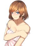  absurdres bare_arms bare_shoulders blue_eyes breasts brown_hair cleavage closed_mouth collarbone commentary frills highres holding_own_arm lingerie looking_to_the_side medium_breasts miyamori_aoi norman_maggot pink_tank_top shirobako short_hair smile strapless tank_top underwear upper_body 