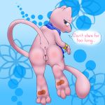  2018 3_toes anthro anus bent_over blush bracelet butt clitoris darkwufflez dialogue digital_media_(artwork) english_text female foot_fetish foot_focus hi_res jewelry legendary_pok&eacute;mon looking_at_viewer looking_back mew mostly_nude nintendo plump_labia pok&eacute;mon pok&eacute;mon_(species) presenting presenting_hindquarters presenting_pussy pussy raised_tail scarf solo speech_bubble text toes video_games 