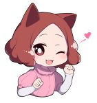  animal_ears brown_eyes brown_hair cat_ears do_m_kaeru heart looking_at_viewer okumura_haru one_eye_closed paw_pose persona persona_5 pink_sweater ribbed_sweater short_hair smile solo sweater 