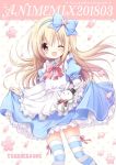  :x ;d alice_(wonderland) alice_in_wonderland apron black_hat blonde_hair blue_bow blue_dress blue_hairband bow bowtie bunny curtsey dress flower hair_bow hairband hat long_hair long_sleeves looking_at_viewer nanase_miori one_eye_closed open_mouth petals pink_bow pink_flower pink_neckwear pink_petals pink_ribbon polka_dot polka_dot_background puffy_sleeves red_eyes ribbon smile solo striped striped_legwear thighhighs top_hat white_apron white_background white_rabbit 