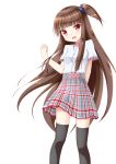  black_legwear breasts brown_hair eyebrows_visible_through_hair highres long_hair looking_at_viewer one_side_up open_mouth original red_eyes sakura_yuuya skirt small_breasts solo thighhighs very_long_hair white_background 