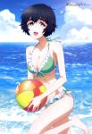  :d absurdres ball beachball bikini black_hair breasts cleavage cloud day frilled_bikini frills green_bikini green_eyes highres igawa_norie large_breasts megami ocean official_art open_mouth shiina_mayuri short_hair sky smile solo steins;gate steins;gate_0 summer swimsuit water 