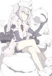  1girl abyssal_nimbus_hime bike_shorts braid breasts kantai_collection looking_at_viewer mechanical_arm ninimo_nimo pale_skin shinkaisei-kan simple_background sitting small_breasts solo turret twin_braids twintails white_background white_hair yellow_eyes 