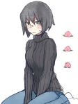  bangs black_eyes black_hair black_sweater blue_pants casual closed_mouth denim eyebrows_visible_through_hair food frown fruit girls_und_panzer highres jeans kawashima_momo long_sleeves looking_at_viewer monocle pants peach ribbed_sweater short_hair simple_background sitting socks sweatdrop sweater traditional_media tsunosame turtleneck v_arms wariza white_background white_legwear 