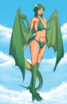  animal_humanoid bakuhaku bikini breasts bulge clothing dickgirl dragon_humanoid green_hair hair horn humanoid intersex membranous_wings solo swimsuit wings 