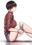 bandaged_hands bandaged_knees bandages blue_shorts breasts brown_eyes brown_hair commentary eyebrows_visible_through_hair from_side gym_uniform highres jacket large_breasts legs looking_at_viewer norman_maggot ol-chan_(norman_maggot) original pixie_cut reflection short_hair short_shorts shorts simple_background sitting sleeves_pushed_up smile solo thighs track_jacket 