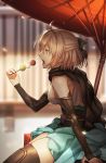  ahoge arm_guards arm_support bare_shoulders black_bow black_scarf blurry blurry_background bow commentary dango eating elbow_sleeve fate/grand_order fate_(series) food from_side hair_bow half_updo haori holding holding_food japanese_clothes kimono obi okita_souji_(fate) okita_souji_(fate)_(all) open_mouth oriental_umbrella outdoors profile sanshoku_dango sash scarf shinsengumi short_kimono sitting skewer sleeveless sleeveless_kimono tef thighhighs thighs umbrella wagashi white_kimono 