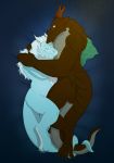  2018 3_toes 4_toes 5_fingers ambiguous_gender anthro beard bed bird&#039;s-eye_view blue_scales brown_scales claws crystal cuddling dragon drake_(disambiguation) duo entwined_tails eunebraile eyes_closed facial_hair fur furred_dragon hi_res high-angle_view horn hug mane nude on_bed oriont rime scales smile toes white_fur yellow_eyes 