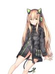  absurdres animal_ears arm_support bangs black_jacket black_leotard blonde_hair blush bow cat_ear_headphones cat_ears cat_tail character_name closed_mouth eyebrows_visible_through_hair girls_frontline green_bow hair_between_eyes headphones highres jacket leotard leotard_under_clothes long_hair long_sleeves sitting sobmarine solo tail tail_bow tmp_(girls_frontline) very_long_hair white_background 