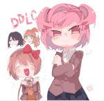  :/ :d ^_^ bangs black_hair black_skirt blush bow brown_hair buttons closed_eyes closed_mouth collared_shirt copyright_name crossed_arms doki_doki_literature_club fang g_perarikku grey_jacket hair_bow hair_intakes heart heart_in_mouth holding jacket long_hair long_sleeves monika_(doki_doki_literature_club) multiple_girls natsuki_(doki_doki_literature_club) noose open_clothes open_jacket open_mouth orange_hair pink_eyes pink_hair purple_eyes red_bow rope sayori_(doki_doki_literature_club) shirt short_hair simple_background skirt smile spoilers two_side_up upper_body white_background white_bow white_shirt yuri_(doki_doki_literature_club) 