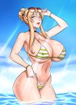  1girl bikini blonde_hair breasts cameltoe cleavage devil-v discipline erect_nipples huge_breasts long_hair looking_at_viewer morimoto_reina open_mouth purple_eyes smile solo standing swimsuit water wet 