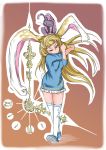  absurdres alice_(wonderland) alice_in_wonderland animal_ears blonde_hair blue_dress blue_eyes blue_footwear brown_background bunny_ears bunny_tail cheshire_cat clock_hands commentary_request doitsuken dress gradient gradient_background highres horizontal_stripes long_hair long_sleeves looking_at_viewer one_eye_closed solo striped tail thighhighs walking white_legwear 