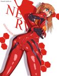  1girl ass blue_eyes blush bodysuit breasts cameltoe from_behind gloves hair_ornament hirume huge_ass long_hair looking_at_viewer looking_down neon_genesis_evangelion open_mouth orange_hair pantylines plugsuit red_bodysuit shiny shiny_clothes shiny_hair sideboob solo soryu_asuka_langley twintails 